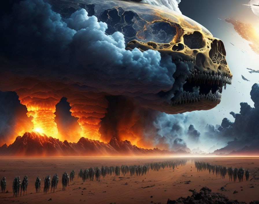 Skull-shaped asteroid in fiery sci-fi landscape