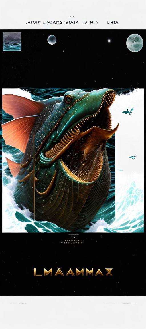 Surreal poster: Large fish, cosmic elements, birds, moon phases