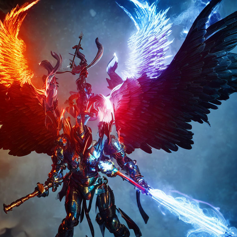 Armored warrior with fiery orange and icy blue wings and sword in mystical backdrop