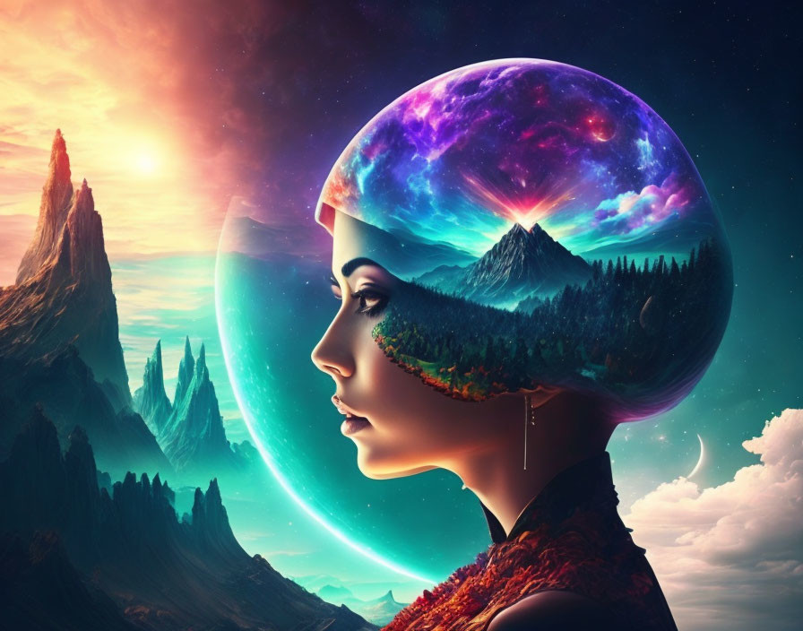 Profile portrait with cosmic landscape merging into head