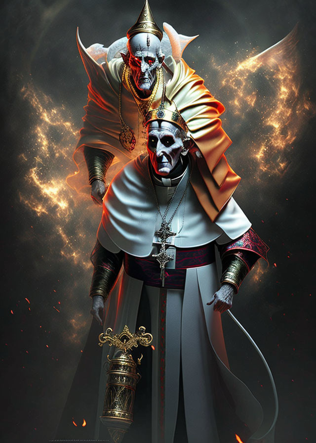 Skeleton figure in pope-like attire with crosier in fiery ember backdrop