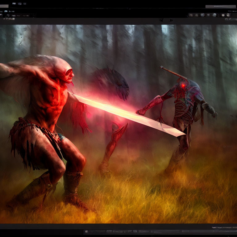 Fantasy warriors in combat with glowing red sword in misty forest