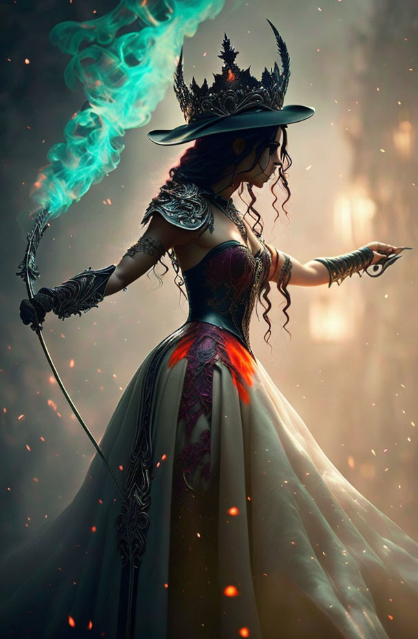 Mystical queen in ornate dress with magical staff emitting green smoke