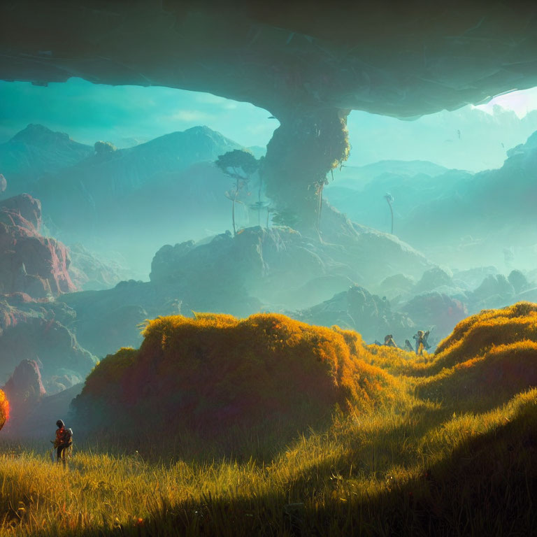 Fantastical landscape with golden grass, rock formations, colossal tree, and exploring figures