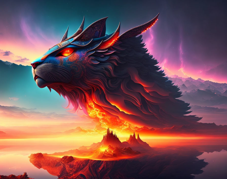 Fantasy cat with fiery mane and tribal markings in sunset sky with castle silhouette