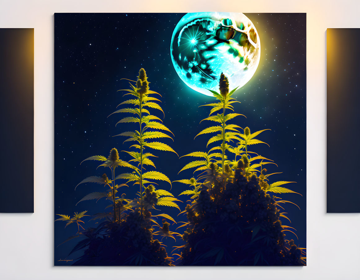 Night sky artwork featuring tall cannabis plants under a greenish moon.