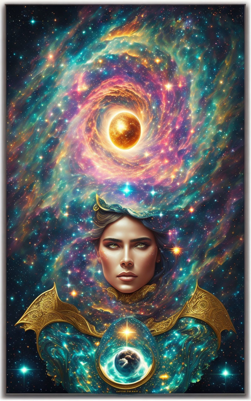 Digital artwork: Woman's face merged with cosmic galaxy, vibrant colors, celestial bodies, golden embellishments