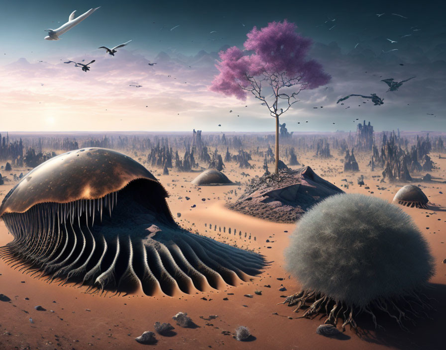 Surreal landscape with colossal jellyfish-like structures, purple tree, birds, and distant castles