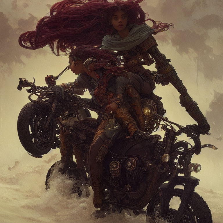 Post-apocalyptic motorcycle riders with red-haired character and goggles in dusty setting