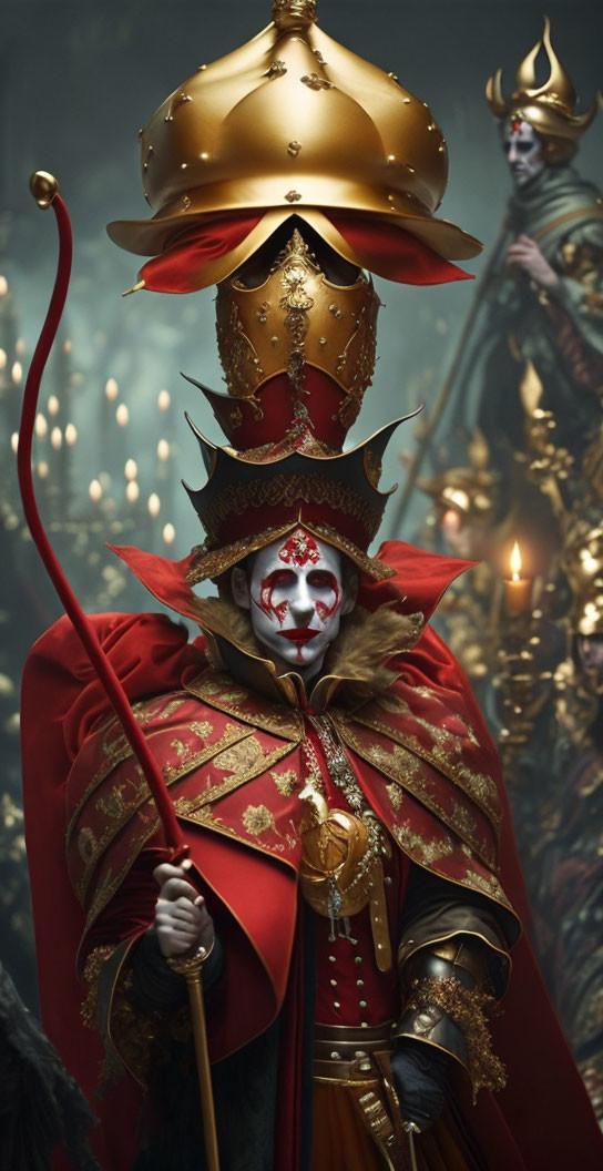Elaborate Red and Gold Costume with Decorated Helmet and Staff