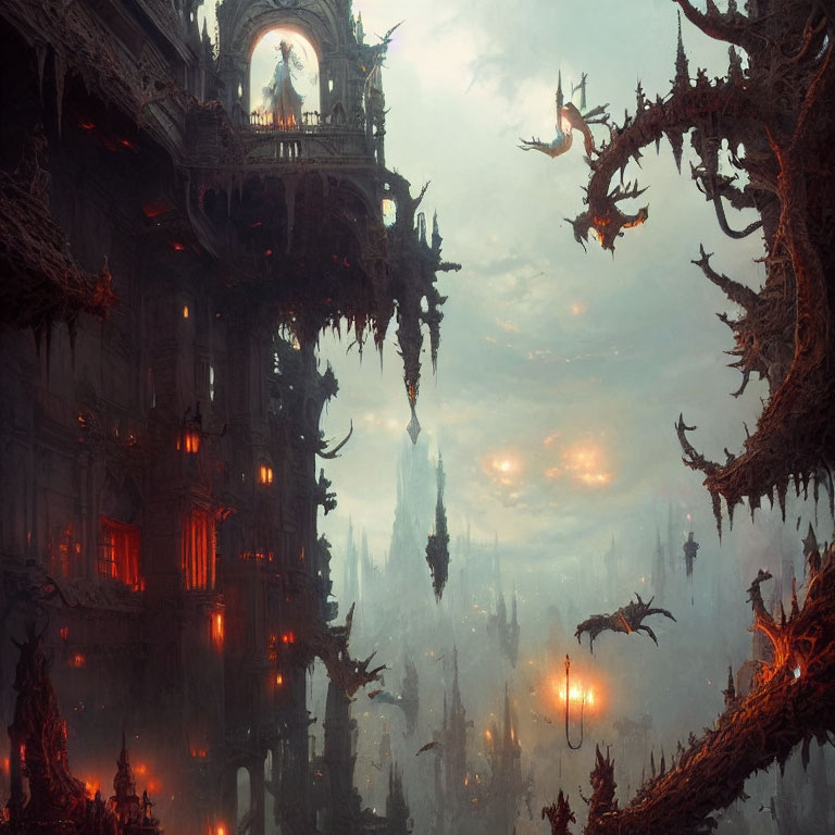 Eerie Gothic landscape with ancient castle and ethereal lanterns