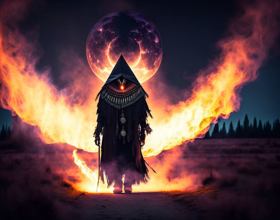 Mystical figure in dark robes on fiery path under eerie moon