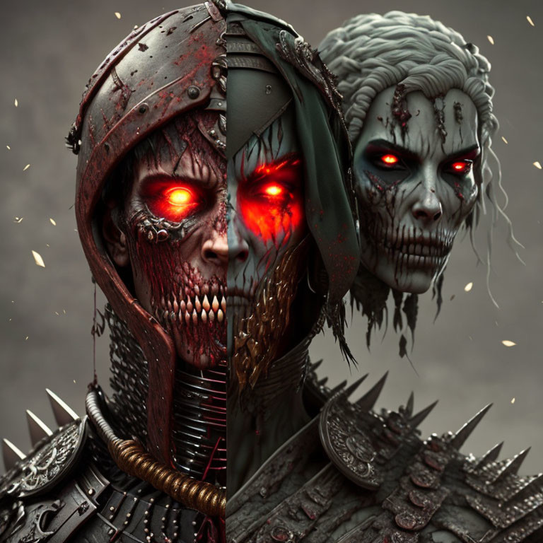 Two demonic warrior figures in dark armor with glowing red eyes in eerie setting