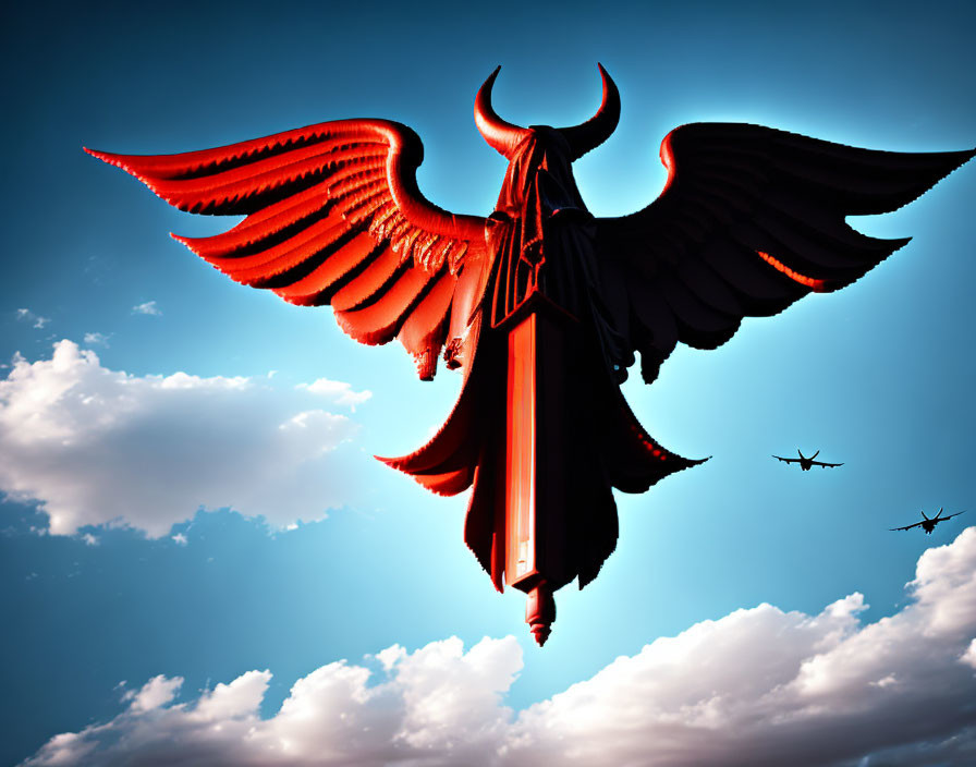 Winged figure in dramatic sky with red accents and distant planes
