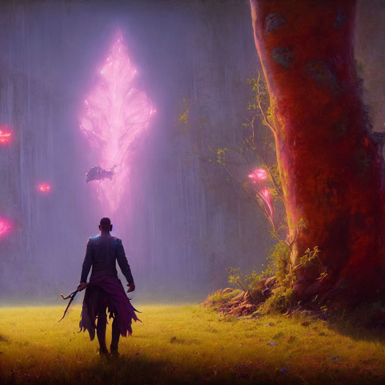 Person in hat and coat near glowing pink crystal in mystical forest