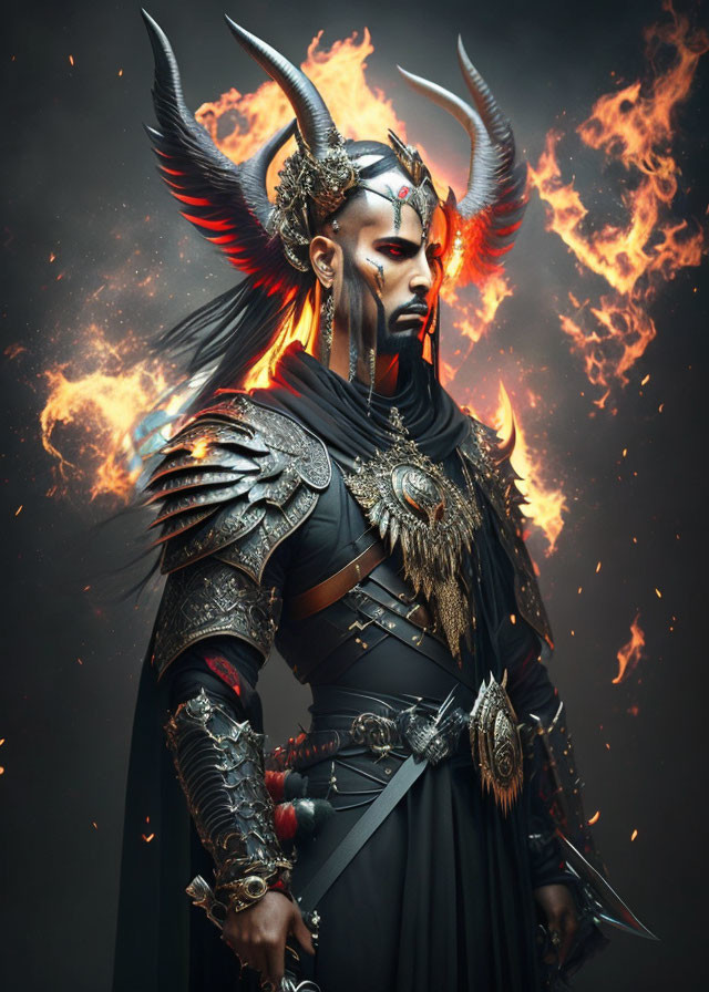 Warrior in horned armor with flames backdrop exudes power.