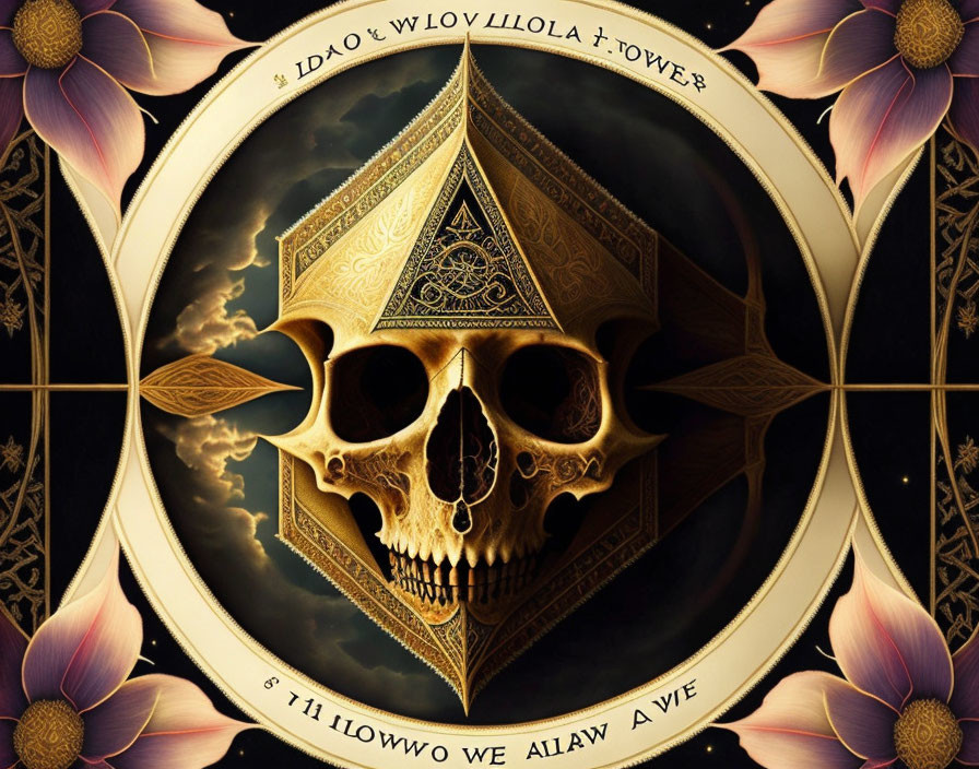 Golden skull in mystical triangle with intricate patterns on dark background