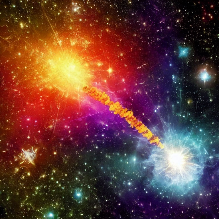 Vibrant cosmic scene with fiery bridge between star-like objects