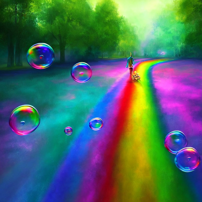 Colorful image: Person biking on rainbow path with floating soap bubbles