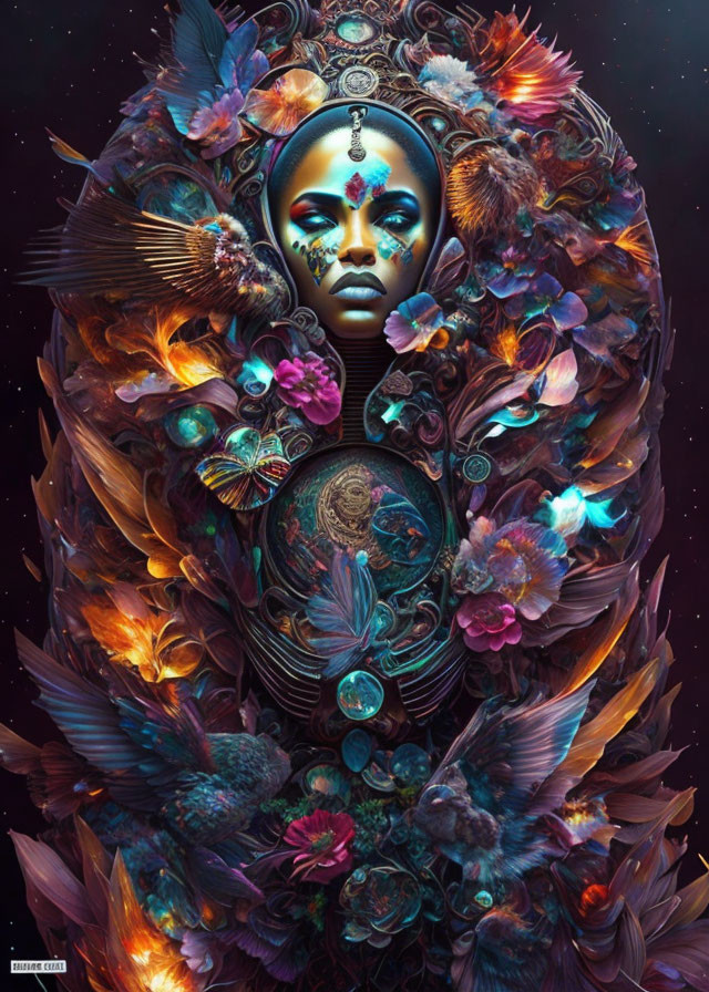 Colorful artwork: woman's face in ornate bird, flower, and cosmic frame