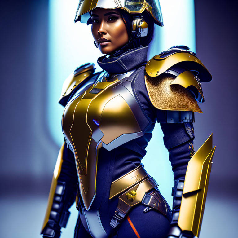 Futuristic warrior in gold and blue armor on blue gradient background