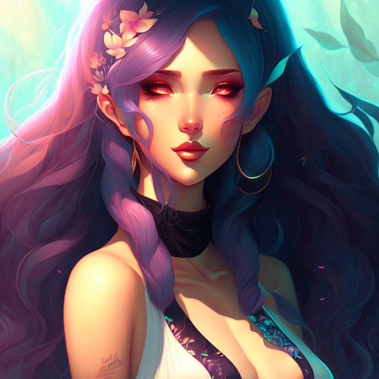 Digital artwork: Woman with purple hair, ethereal qualities, flowers, glowing ambiance