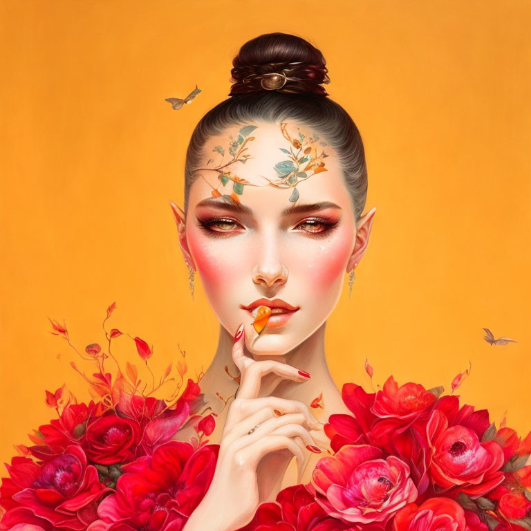 Illustrated portrait of woman with floral face tattoos and red flowers on yellow background