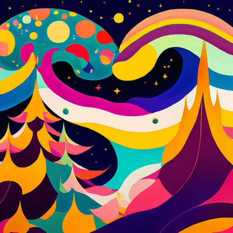 Colorful Abstract Illustration of Fantastical Landscape Under Starry Sky