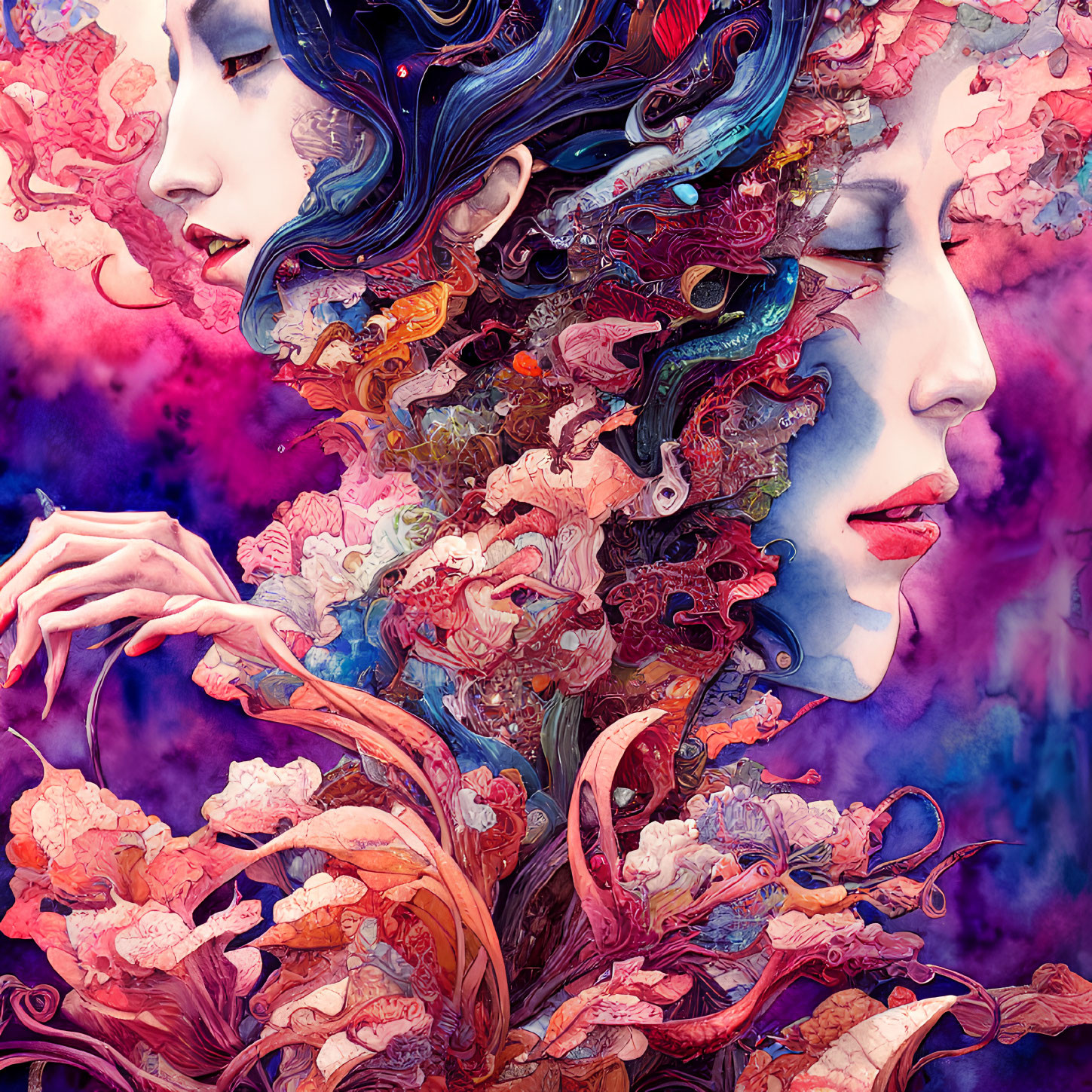 Colorful digital artwork: Stylized faces with floral and mechanical elements