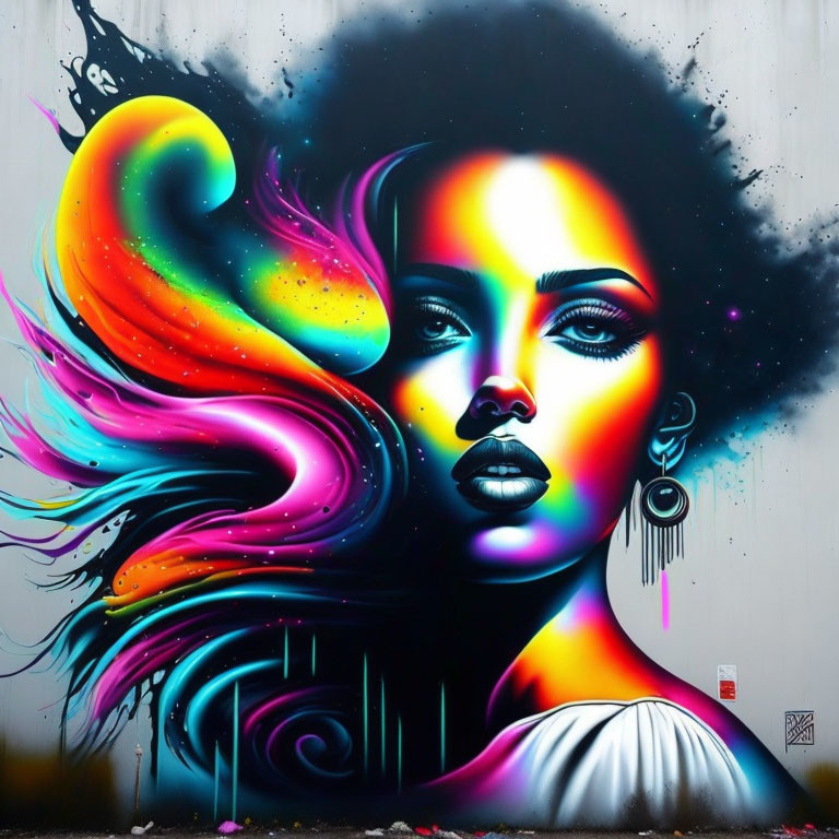 Colorful street art: Woman with flowing hair on white background