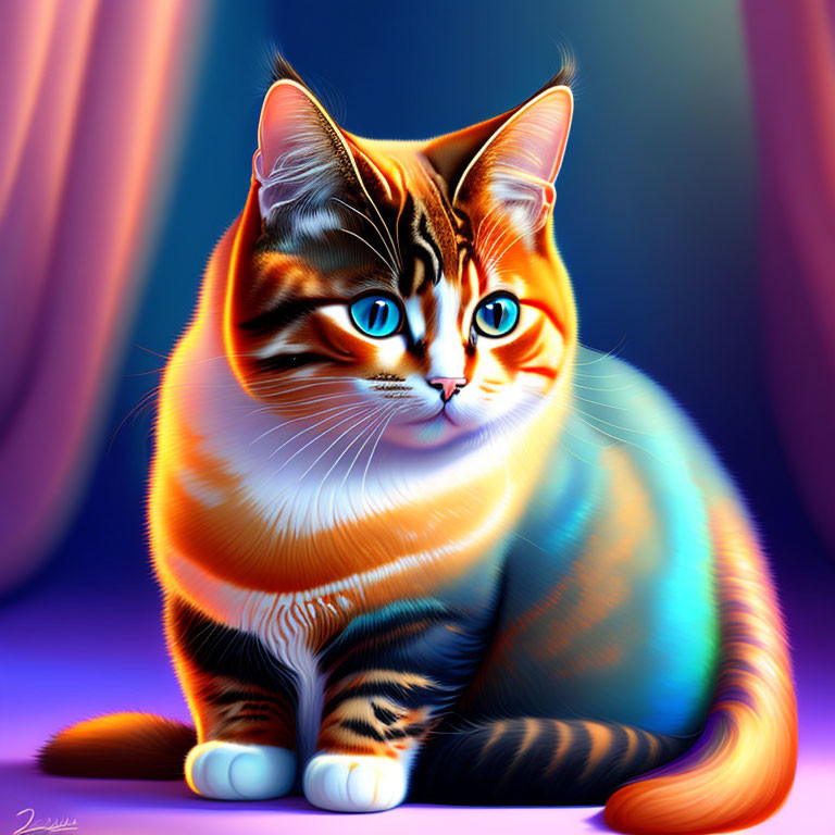 Orange and White Cat with Blue Eyes on Blue and Purple Background