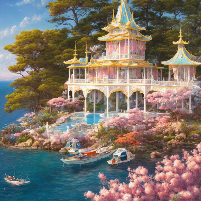 Pagoda surrounded by cherry blossoms near the sea with glowing sky and boats.