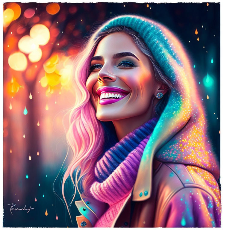 Colorful digital portrait of a smiling woman in beanie and scarf