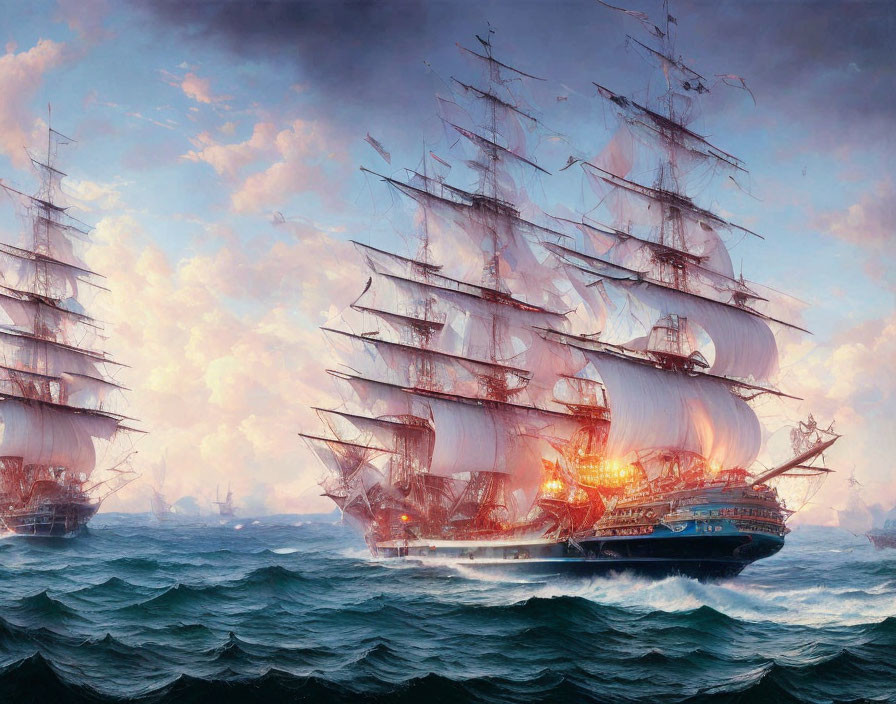 Sailing ship with multiple masts and billowing sails in turbulent ocean waters