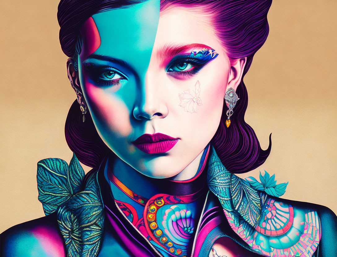 Colorful Pop Art Portrait Featuring Woman with Bold Makeup and Neck Tattoo