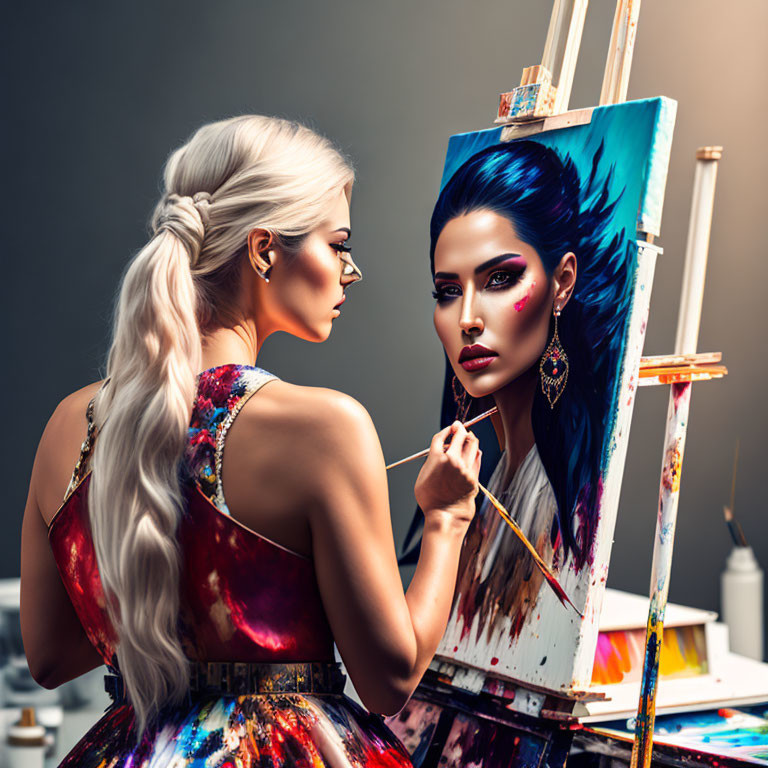 Artist painting colorful portrait of woman with braid on gray background