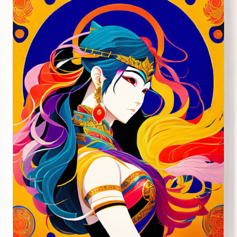 Colorful character illustration with flowing hair, crown, and floral background