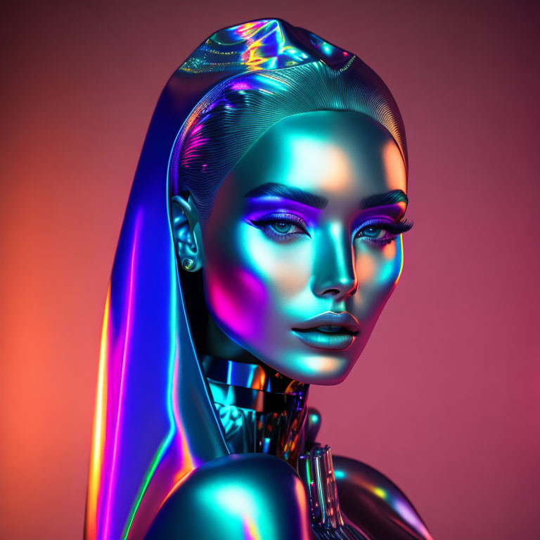 Futuristic female humanoid with metallic sheen under pink and blue lighting