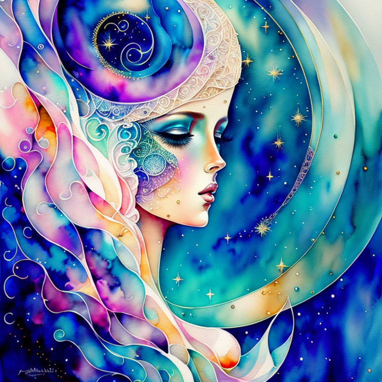 Colorful cosmic and floral woman illustration with starry blue background and intricate headdress patterns