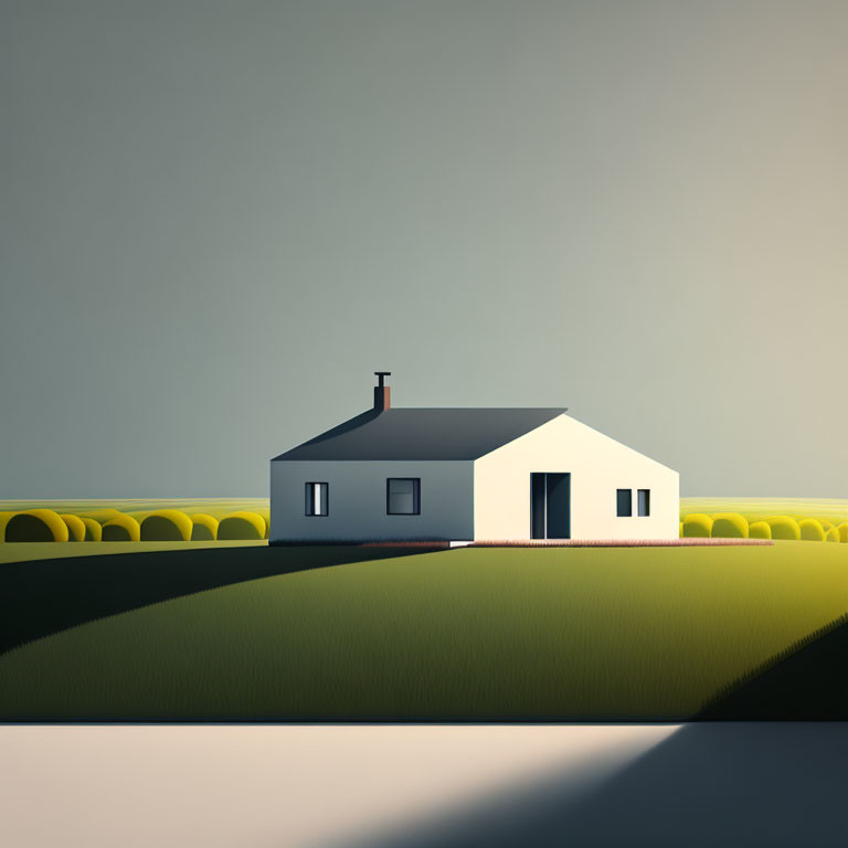 White facade countryside house with black roof and chimney in green fields, yellow trees in background