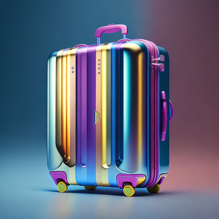 Iridescent Suitcase with Pink Handle & Purple Wheels