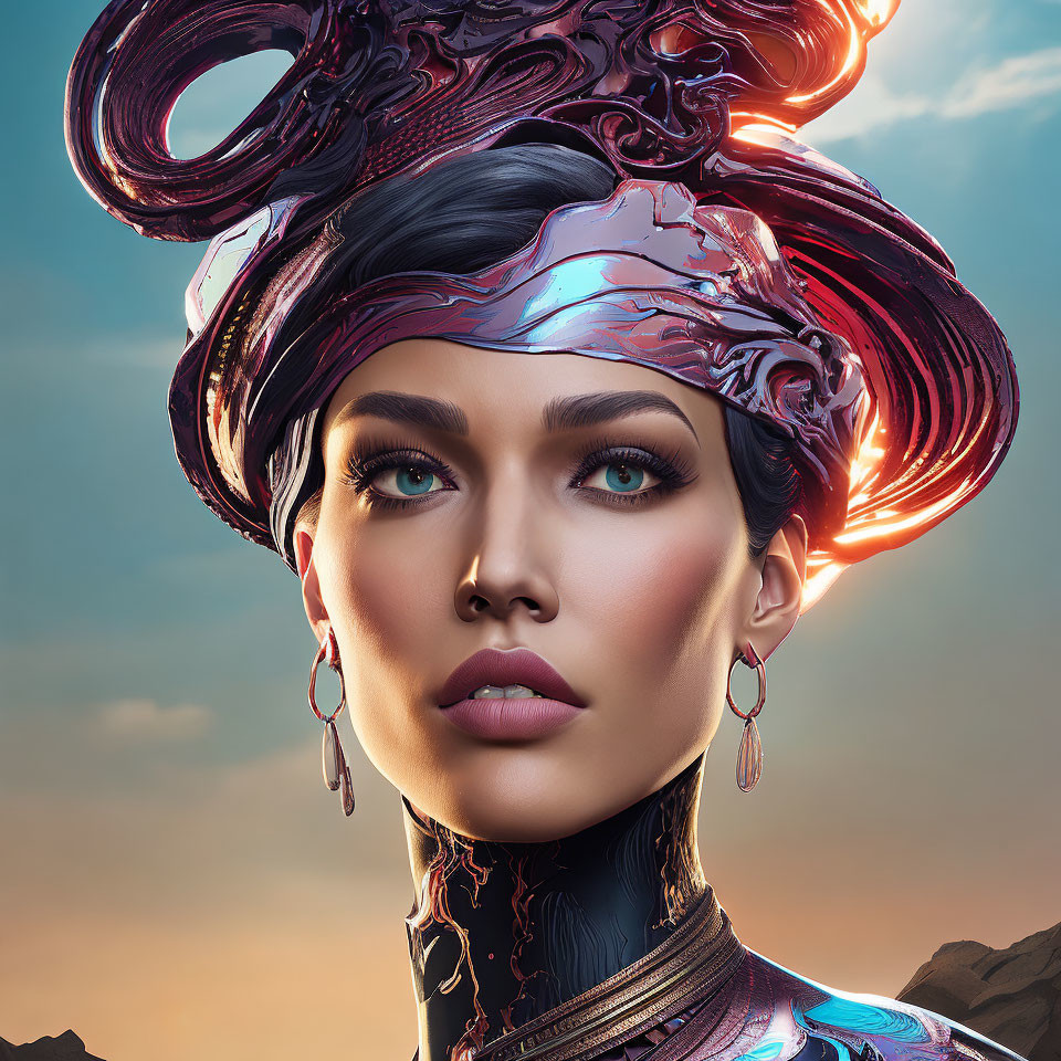 Digital artwork: Woman with flowing metallic headdress against cloudy sky