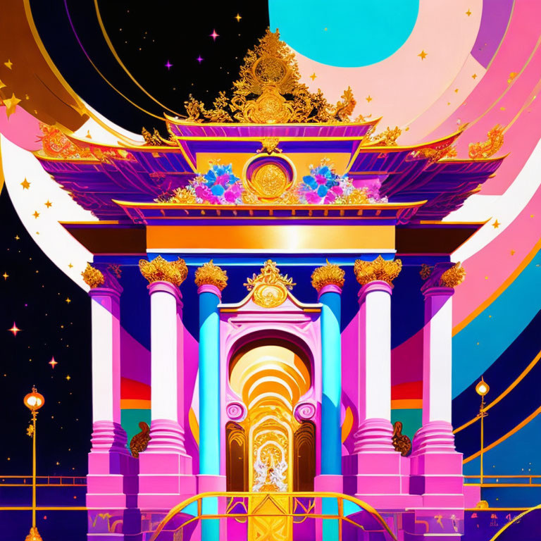 Fantastical palace digital artwork with golden details and cosmic backdrop