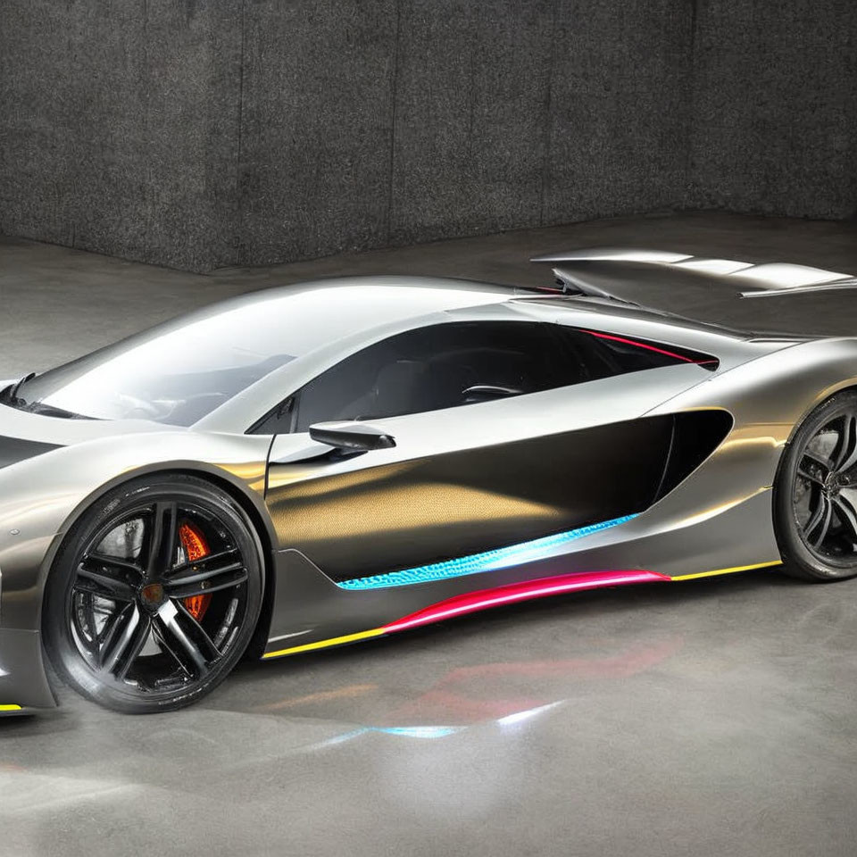 Sleek Modern Sports Car with Metallic Finish and Neon Underglow