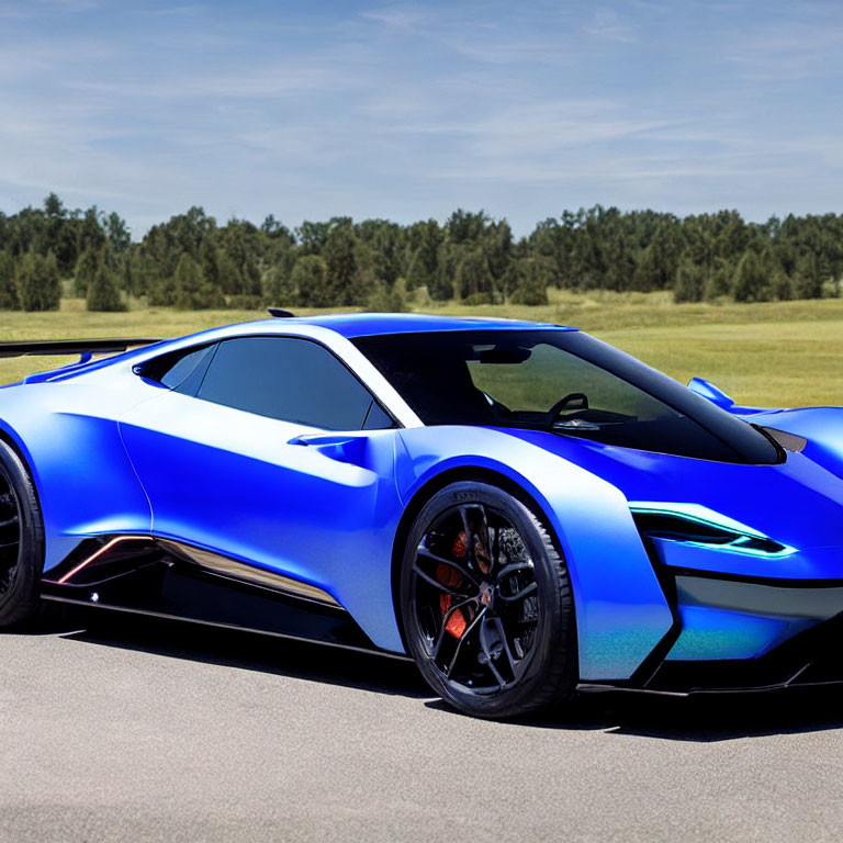 Blue Sports Car with Futuristic Design on Asphalt with Grass Background