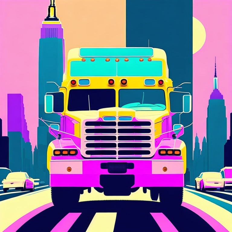 Colorful semi-truck illustration on road with cityscape backdrop