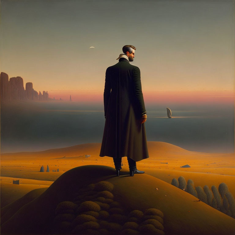 Surreal painting featuring man in coat overlooking desert landscape