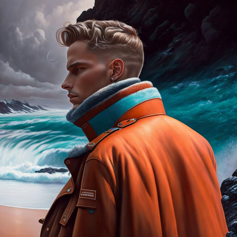 Stylized portrait of a man in orange coat with dramatic backdrop