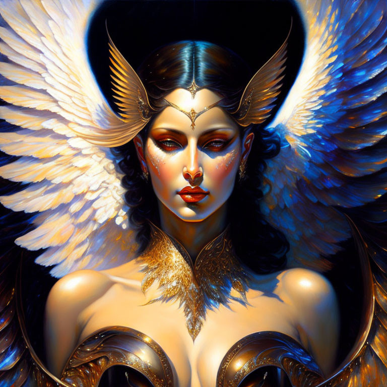 Fantastical woman with white wings and golden headdress