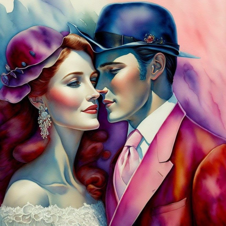 Vibrant Illustration of Romantic Couple in Vintage Attire